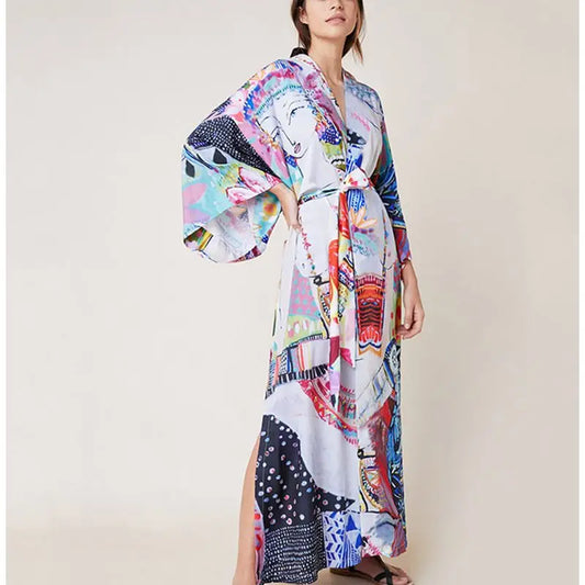 Polyester Pop Printed Boho Kimono Bikini Cover up