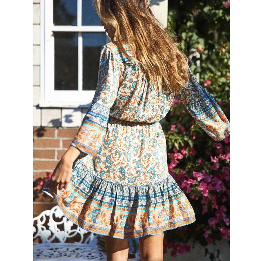 Boho Red Floral Print Mini Dress V-neck Short Summer Dress