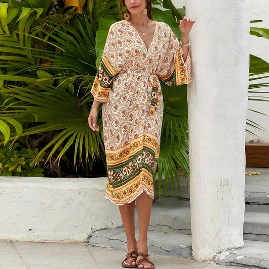 Casual Ethnic Floral Print Loose Cover-Up Dress