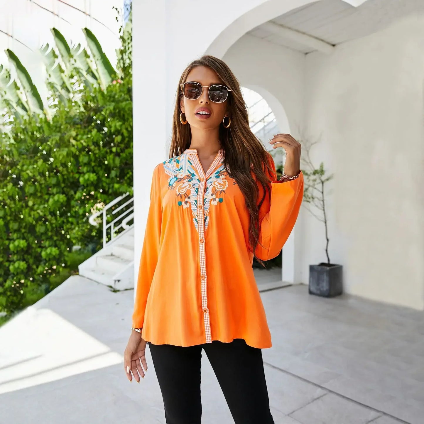 Casual Floral Embroidery Oversize Cotton Long Sleeve Boho Blouse