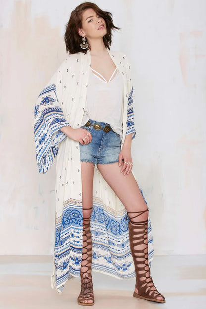 Chiffon Floral Print Long Sleeve Boho Cover up