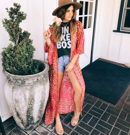 Chiffon Floral Print Long Sleeve Boho Cover up