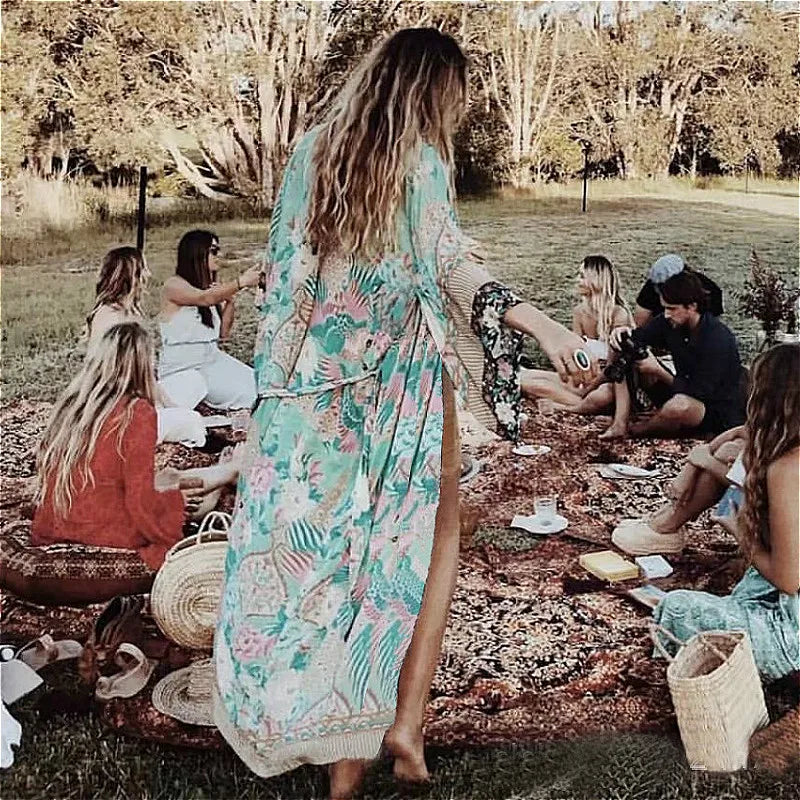 Chiffon Floral Print Long Sleeve Boho Cover up