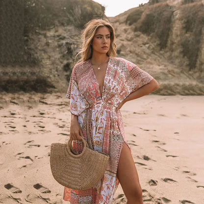 Floral Smock Frock Chiffon Bikini Cover Up Boho Dress