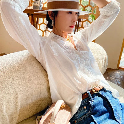 Gypsy Boho Floral Embroidered Lace Long Sleeve Blouse