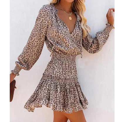 Lantern Sleeve Leopard Boho Dress