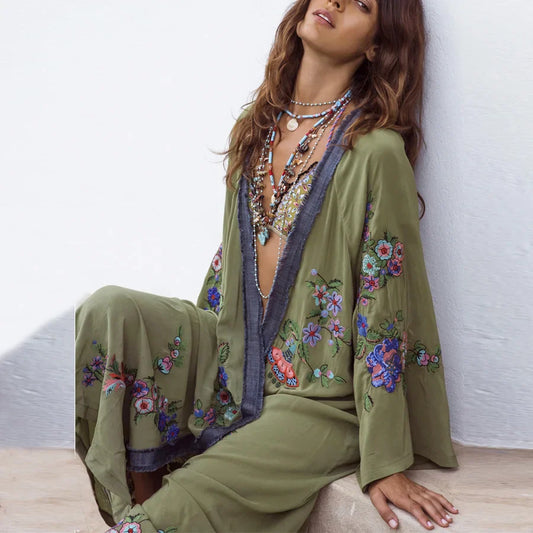Long Floral Embroidery Beach Cover-Up Boho Cardigan