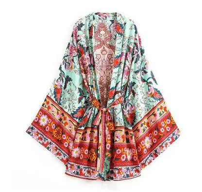 Long Boho Kaftan Rayon Floral Print Bikini Cover Up
