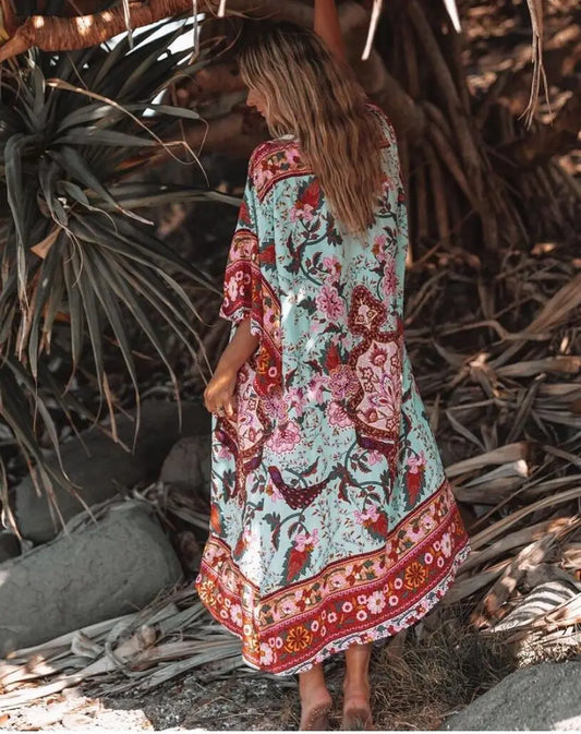 Long Boho Kaftan Rayon Floral Print Bikini Cover Up