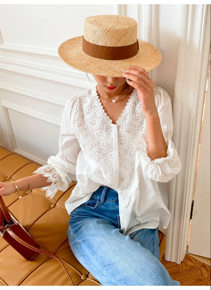 Lantern Sleeve V-Neck Lace Vintage Cotton Boho Blouse