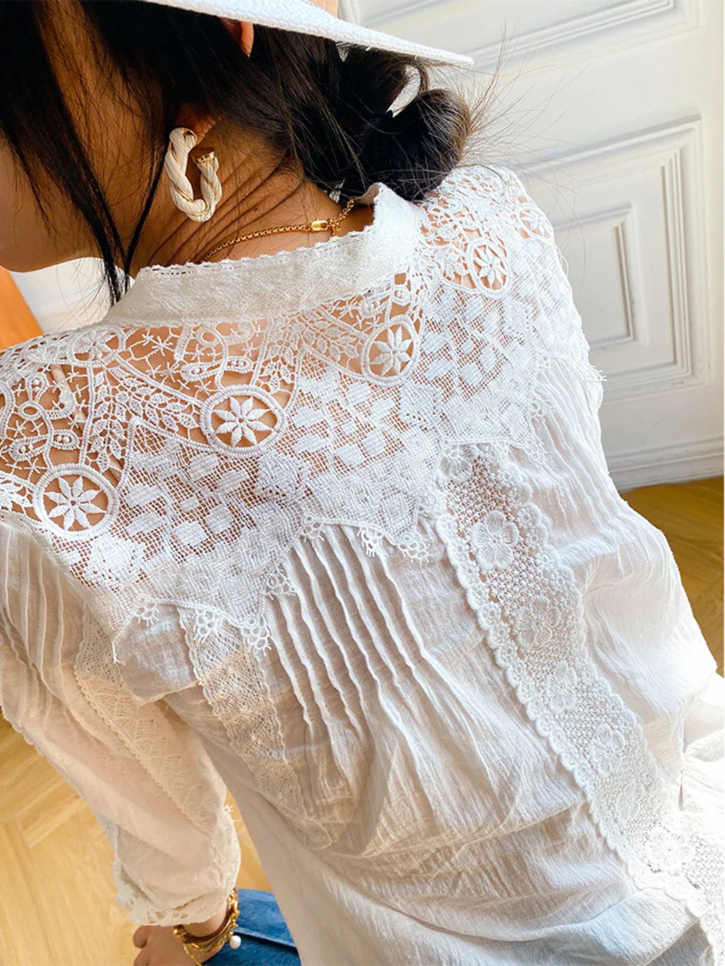 Lantern Sleeve V-Neck Lace Vintage Cotton Boho Blouse