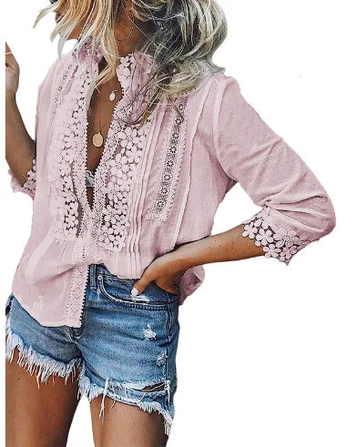3/4 Sleeve Cotton Button V-Neck Vintage Boho Blouse