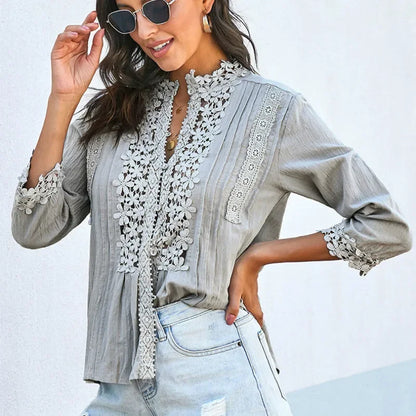 3/4 Sleeve Cotton Button V-Neck Vintage Boho Blouse