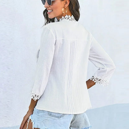 3/4 Sleeve Cotton Button V-Neck Vintage Boho Blouse