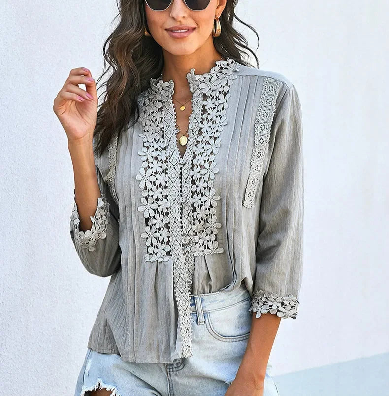 3/4 Sleeve Cotton Button V-Neck Vintage Boho Blouse