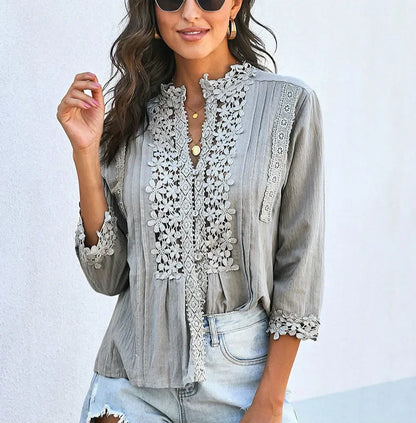 3/4 Sleeve Cotton Button V-Neck Vintage Boho Blouse