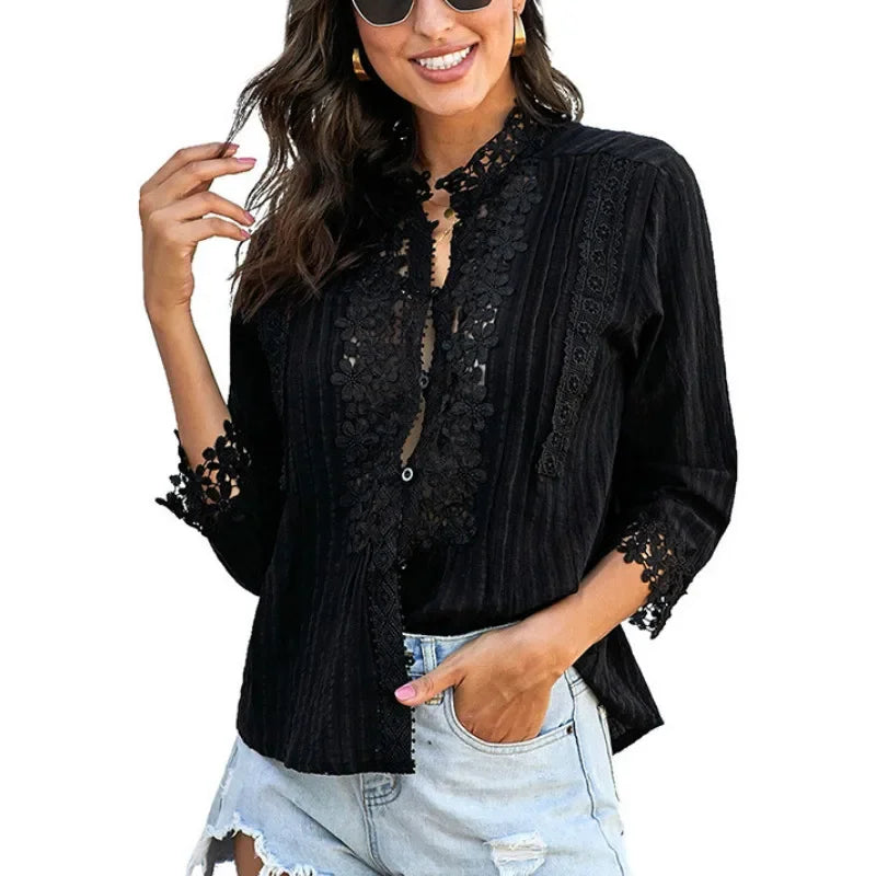 3/4 Sleeve Cotton Button V-Neck Vintage Boho Blouse