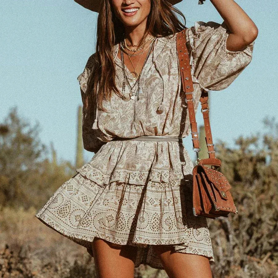 Mini Dress Boho Vintage Long Sleeve Floral Print Autumn Beach Dress