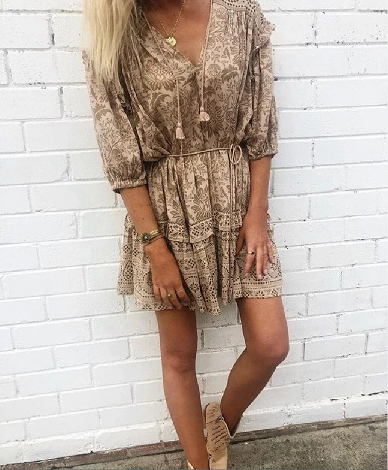 Mini Dress Boho Vintage Long Sleeve Floral Print Autumn Beach Dress