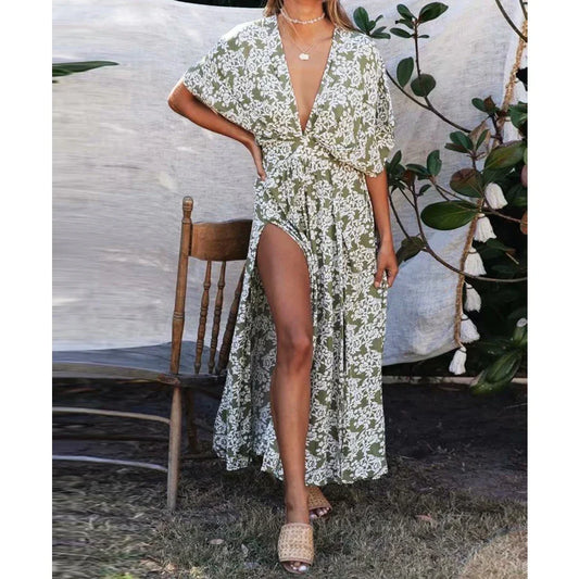 Sexy Deep V-neck Maxi Dress Vintage Floral Print Side Split Boho Dress