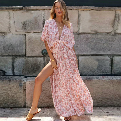 Sexy Deep V-neck Maxi Dress Vintage Floral Print Side Split Boho Dress