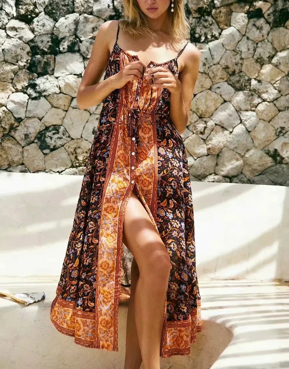 Vintage Floral Print Boho Midi Dress