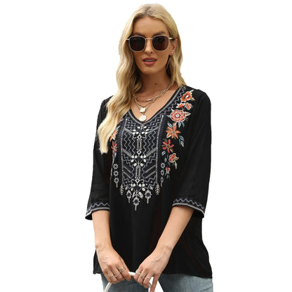 Vintage Floral Embroidery Loose Cotton Long Sleeve Boho Blouse