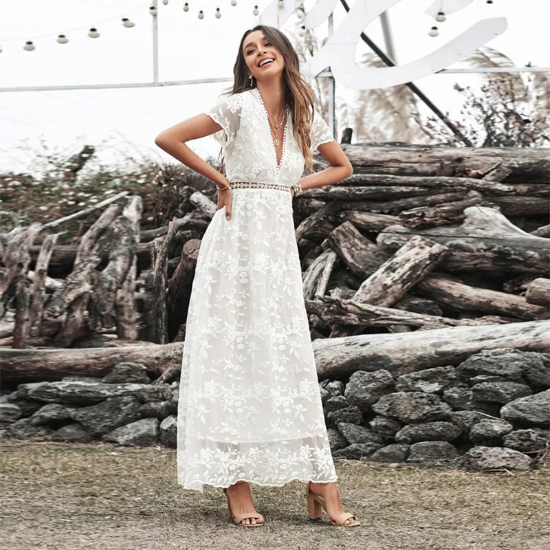 Vintage Deep V Short Sleeve Dress