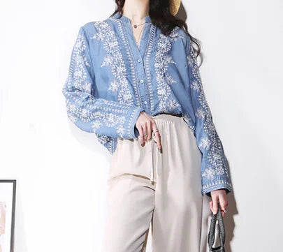 Vintage Floral Embroidery Cotton Denim Long Sleeve Boho Blouse