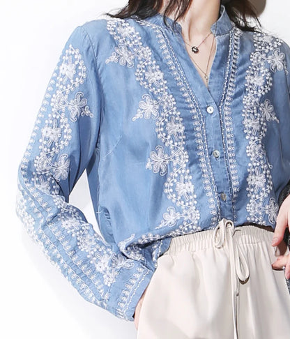 Vintage Floral Embroidery Cotton Denim Long Sleeve Boho Blouse