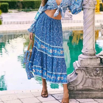 Vintage Floral Maxi Skirt Casual Beach Boho Rayon Elastic Waist Tie