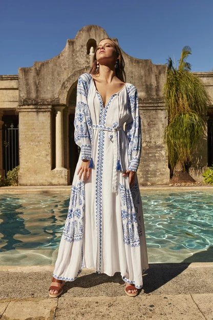 White Embroidered Cotton Maxi Dress