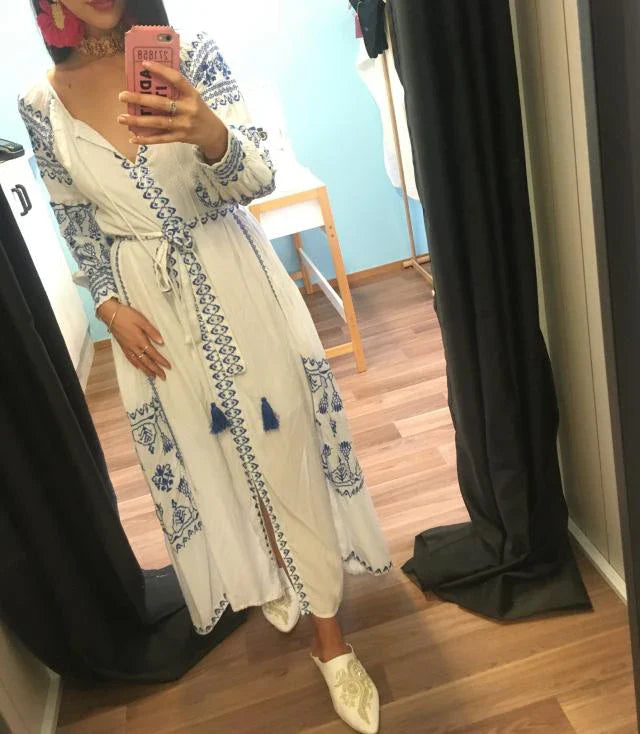 White Embroidered Cotton Maxi Dress