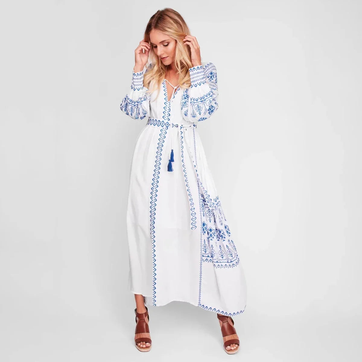 White Embroidered Cotton Maxi Dress