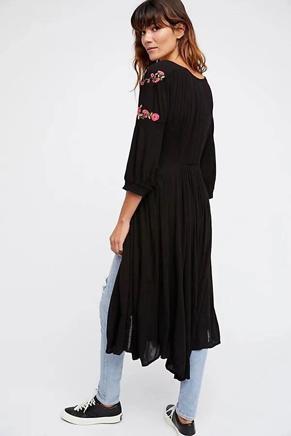 Black Boho Long Dress Floral Embroidery V-neck Hippie Casual Dress
