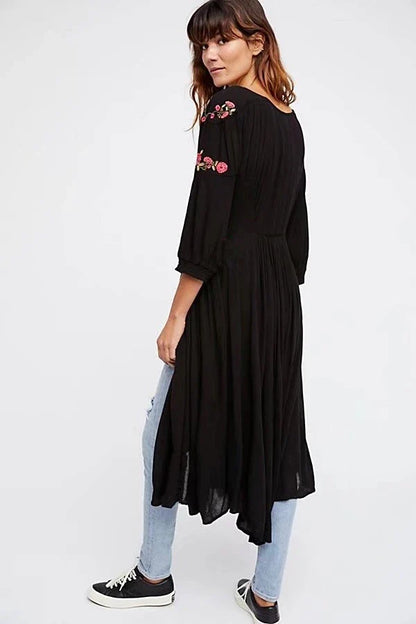 Black Boho Long Dress Floral Embroidery V-neck Hippie Casual Dress