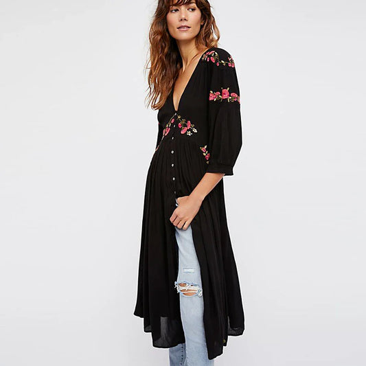 Black Boho Long Dress Floral Embroidery V-neck Hippie Casual Dress