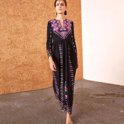 Boho Long Dress Ethnic Floral Embroidery Rayon V-neck Chic Dress