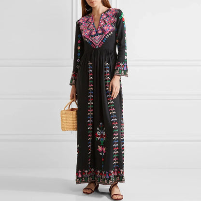 Boho Long Dress Ethnic Floral Embroidery Rayon V-neck Chic Dress