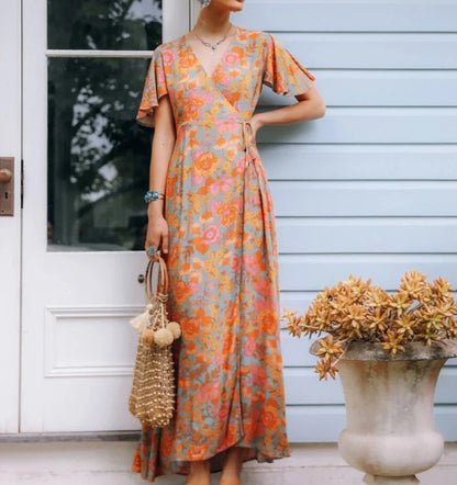 Cotton Orange Floral Boho Dress
