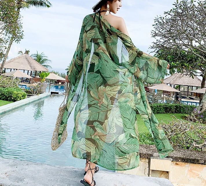 Green Floral Print Chiffon Boho Kimono Beach Cover up