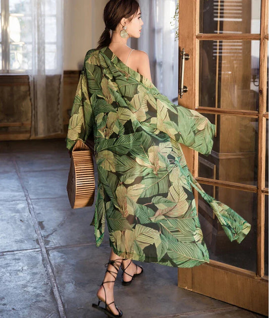Green Floral Print Chiffon Boho Kimono Beach Cover up