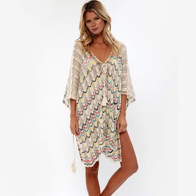 Hollow Deep V-neck Lace Up Tunic Mini Dress