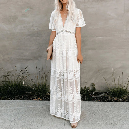 Lace Maxi Dress Vintage White Deep V-neck Summer Dress