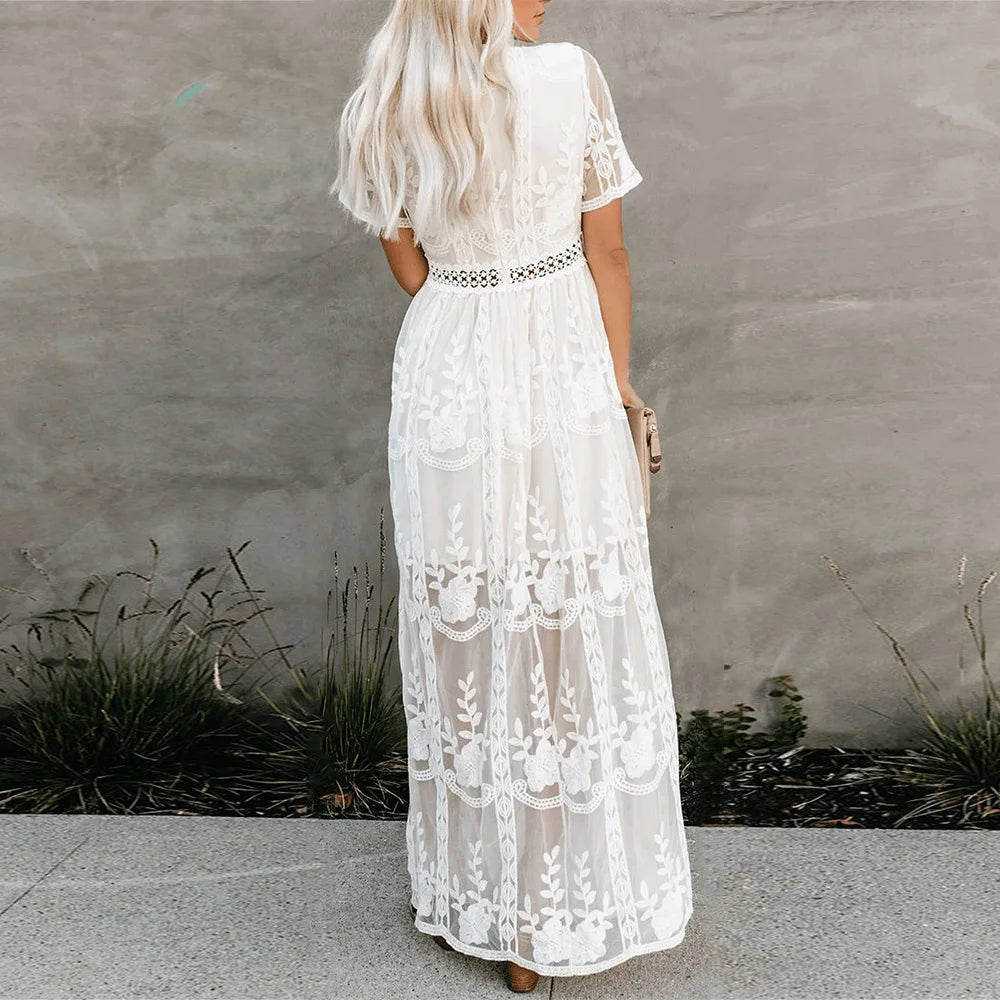 Lace Maxi Dress Vintage White Deep V-neck Summer Dress