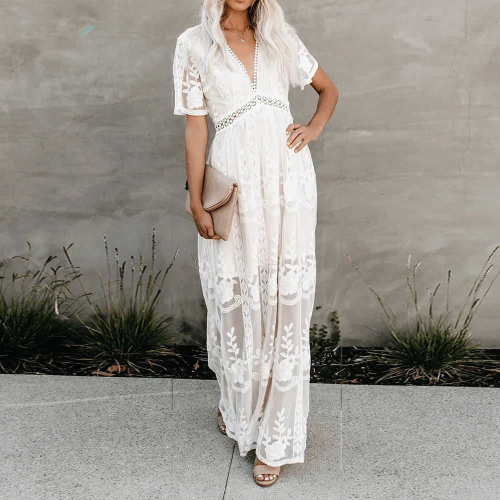 Lace Maxi Dress Vintage White Deep V-neck Summer Dress