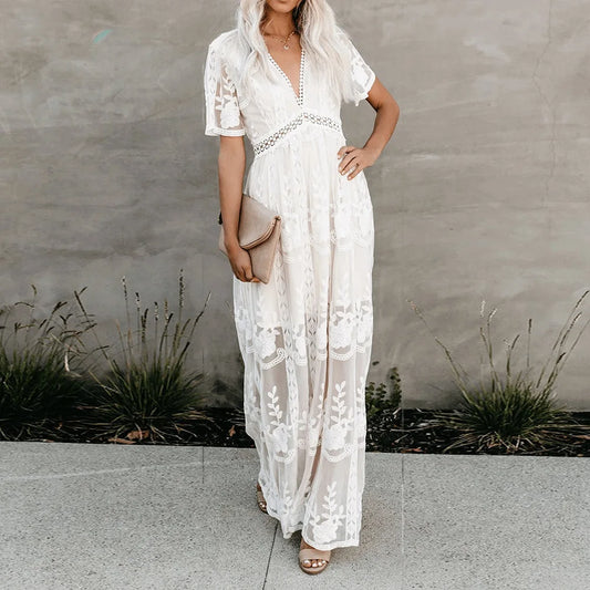 Lace Maxi Dress Vintage White Deep V-neck Summer Dress