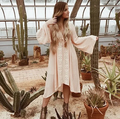 Long Sleeve Vintage Floral Embroidered Cotton Tunic Dress