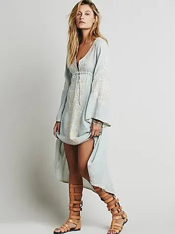 Long Sleeve Vintage Floral Embroidered Cotton Tunic Dress