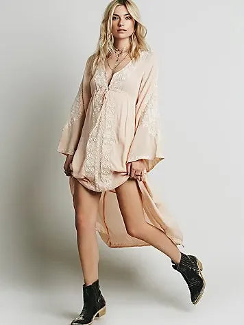 Long Sleeve Vintage Floral Embroidered Cotton Tunic Dress